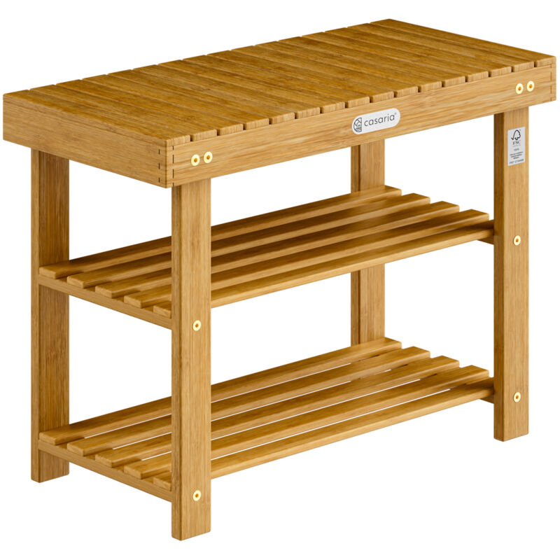 Casaria - 2en1 Meuble à chaussures et banc en bois d'acacia robuste étagère à chaussures 2 tablettes avec banc rangement armoire l - 70x30x46cm
