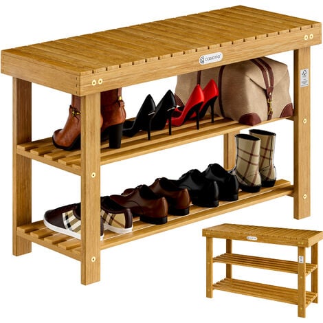 2en1 Meuble à chaussures et banc en bois d'acacia dur et robuste étagère à chaussures 2 tablettes avec banc rangement armoire XL - 90x32x46cm (de)