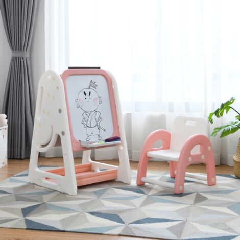 2en1 Tableau Magnétique Enfant Double Face avec Tabouret Etagère de Livres Hauteur Réglable Blanc et Rose