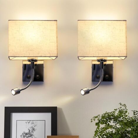 2ER - Applique murale - Lampe de chevet LED - Bras réglable et abat-jour en tissu - Éclairage lecture et indirect pour chambre et hôtel - Blanc - 20x13x15cm