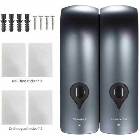 2er-Pack 300 ml manueller Seifenspender, Flüssigseifenspender, Wandspender, Doppelkopf ohne Bohren, Shampoospender, für Badezimmer, Grau