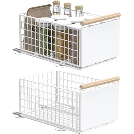 2er-Pack ausziehbare Schrankregale, erweiterbare Küchenorganizer ohne Bohren, multifunktionale Teleskopschubladen aus Kohlenstoffstahl für Küche, Speisekammer und Bad – Weiß