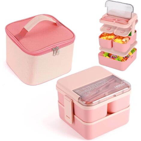 2er-Pack Bento-Lunchbox mit Fächern, 1800 ml mit Isoliertasche und Besteck, auslaufsicher und stapelbar, 2-lagig, für Erwachsene und Kinder, für Arbeit, Reisen, Schule