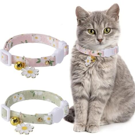 2er-Pack collier chat abriable en coton avec clochette, collier chaton mignon, idéal pour chat (décoration fleurs rose et vert)