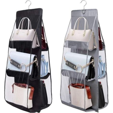 2er-Pack Hänge-Handtaschen-Organizer, 6 Fächer, Kleiderschrank-Organizer, Aufbewahrungstaschen, Hänge-Aufbewahrungstasche, faltbarer Kleiderschrank-Organizer (Schwarz + Grau)