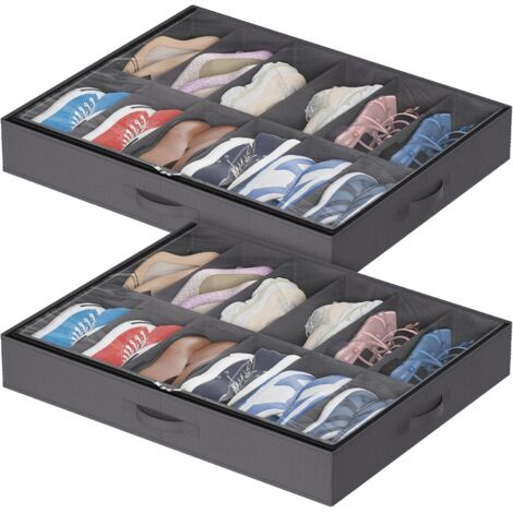 2er-Pack Schuhaufbewahrungstaschen mit transparentem Fenster, faltbare Unterbett-Aufbewahrungsbox mit Griffen für Schuhe, Schuh-Organizer, 12 Fächer, Grau, 2 x 12 Paar