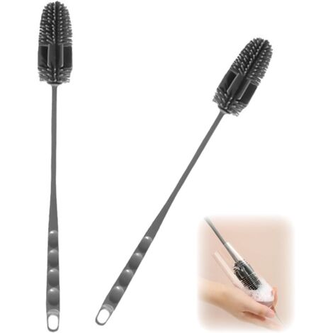 2er-Pack Silikonbürsten, wiederverwendbare Silikon-Reinigungsbürste mit langem Griff, grau, zum Reinigen von Flaschen, Glasbechern (28 x 3 cm)