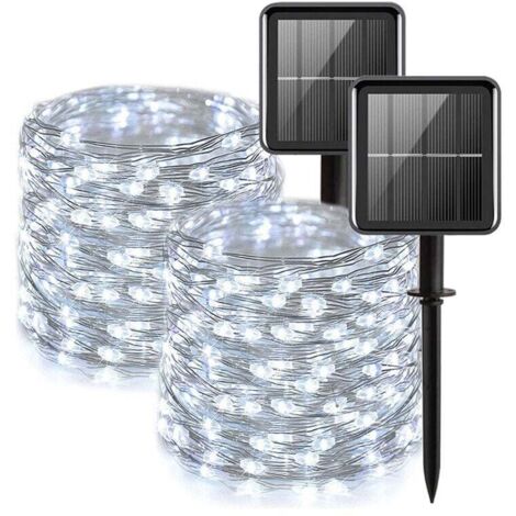 [2er-Pack] Solar-Lichterkette für den Außenbereich, 100 Stück, wasserdichte LED-Solar-Lichterkette, 12 m, 8 Muster, Kupferdraht, Lichterkette für Garten, Terrasse, Hochzeit, Weihnachtsfeier, Kaltweiß