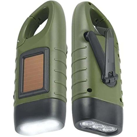 2er-Pack solarbetriebene Handkurbel-Taschenlampen, wiederaufladbare LED-Notfalltaschenlampe, Dynamo-Taschenlampe mit Schnellverschluss-Karabiner für Outdoor-Sportarten, Grün