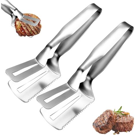 2er-Pack Steakzangen aus Edelstahl, multifunktionale Brotzange in Lebensmittelqualität, Grillzange aus Edelstahl, gezahnte Steakzange, Dosenklammer, Schaufel, kann 3-in-1 schneiden