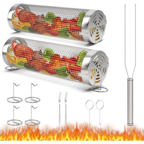 2er-Pack tragbare Grillkörbe mit Gabel, Outdoor-Kochzubehör für Fleisch, Fisch und Gemüse, Grill-Geschenkkorb aus Edelstahl für Grillliebhaber. MUMU
