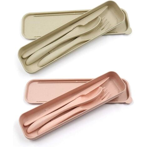 2er-Pack tragbares wiederverwendbares Weizenstroh-Besteck-Set, Löffel, Gabel, Geschirr für Reisen, Picknick, Camping, Studenten, den täglichen Gebrauch (Beige, Pink)