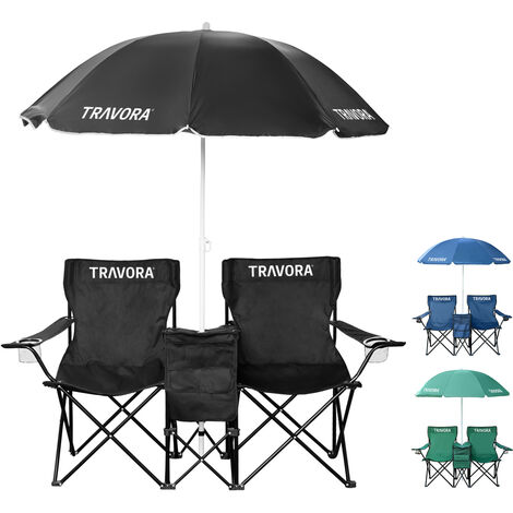2er Partner Anglerstuhl Campingstuhl mit Sonnenschirm und Kühlfach:Schwarz
