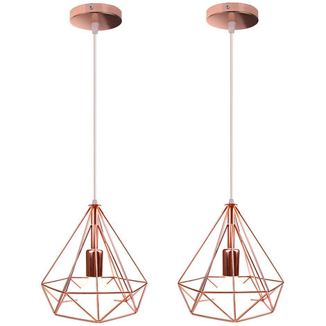 2er Pendelleuchte Ø25cm Diamant Form Hängelampe, Industri Stil Kronleuchter mit Metall Käfig E27 Fassung für Wohnzimmer Schlafzimmer Esszimmer Küche Rosegold