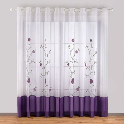2er-Set, 140 cm x 245 cm, lila Ösenvorhänge, transparent, Blumenstickerei, für Schlafzimmer, Küche, Wohnzimmer