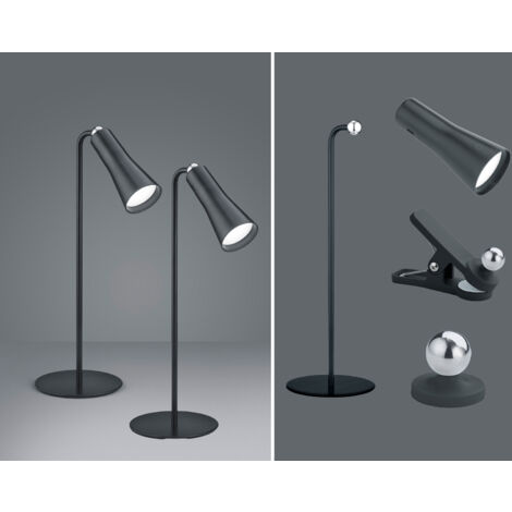 2er SET 3 in 1 LED Akku Tischleuchten mit Klemm- & Klebestation, Schwarz H: 36cm
