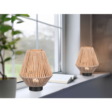 2er SET Akku Tischlampen USB aufladbar, Lampenschirm aus Papiergarn, Höhe 22cm