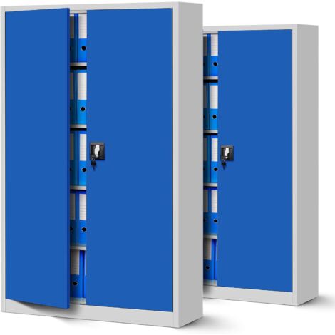 2er Set Aktenschrank XXL C001II Büroschrank Metallschrank Flügeltüren Stahlblech Pulverbeschichtung 185 cm x 115 cm x 40 cm (grau/blau)