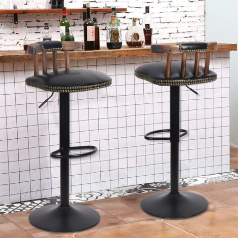 2er Set Barhocker Barstühle Küchenstühle Esszimmerstuhl mit gepolsterter und Rücklehne, Höhenverstellbar 60-81cm, um 360° drehbar, Leder, schwarz