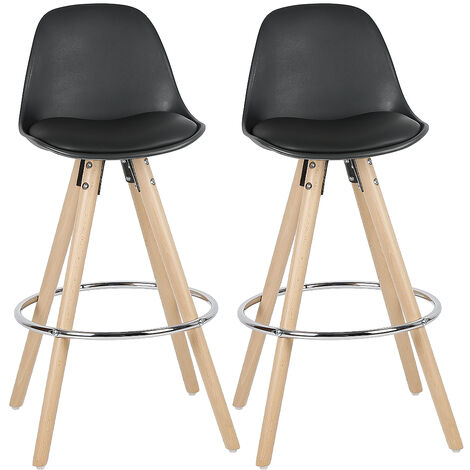 2er Set Barhocker Kunstleder mit Lehne Rundem Holzgestell Fußstütze Design schwarz