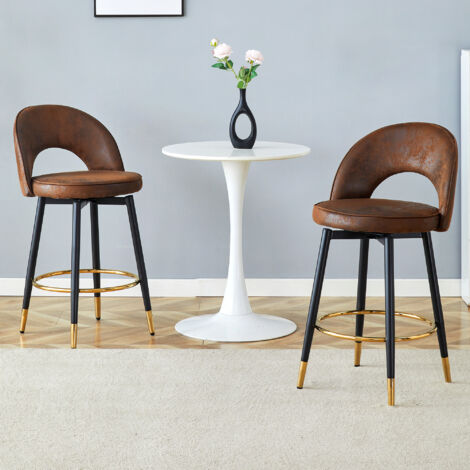 2er Set Barhocker mit Drehfunktion, Durchbrochener Rückenlehne und Fußstütze, Stoff und Metall, Braun und Schwarz