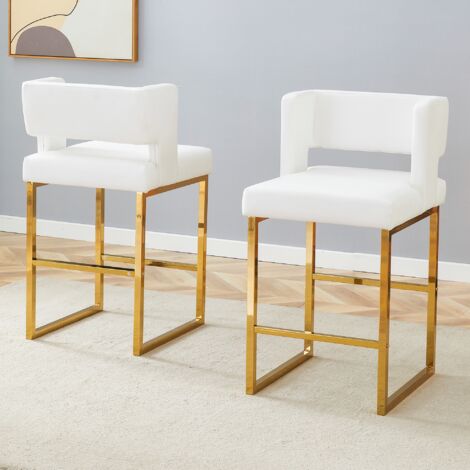 2er-Set Barhocker – quadratische Form – Beine aus vergoldetem Metall – nordischer Stil – weißes PU