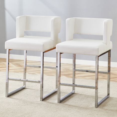 2er-Set Barhocker – quadratische Form – silberfarbene Metallbeine – nordischer Stil – weißes PU