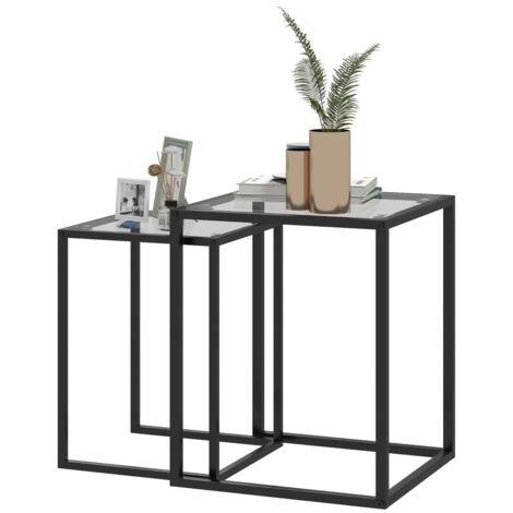 2er Set Beistelltisch stapelbarer Nachttisch Couchtisch mit Beinen aus Stahl, modern für Wohnzimmer Schwarz