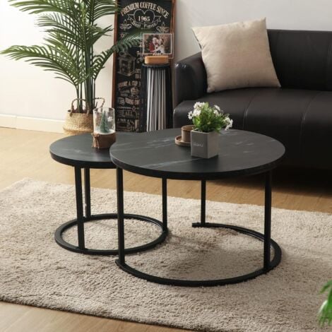 2er Set Couchtisch Rund, Moderne Beistelltisch Satztisch aus Holz, Wohnzimmertisch Modern, Beistelltisch Set mit Metallgestell für Wohnzimmer Balkon Büro