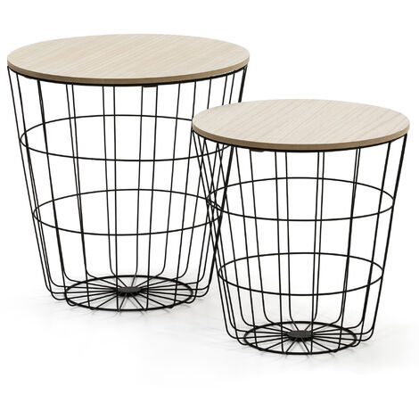 2er-Set Couchtische FRIDA mit Naturholzplatte und schwarzem Metallgestell