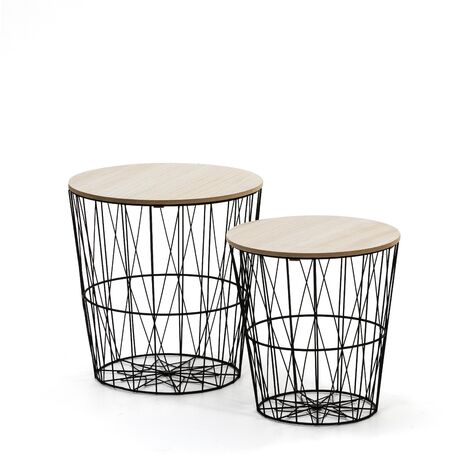 2er-Set Couchtische JIMENA mit Platte aus natürlichem Holzfurnier und schwarzem Metallgestell