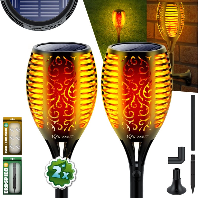 Kesser - Torche de jardin Set de lampes solaires Flamme avec support mural + piquet de terre Capteur de lumière Résistant aux intempéries Lampe
