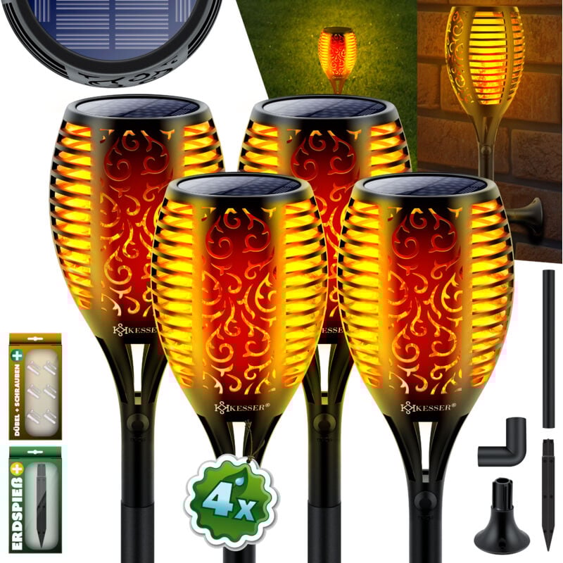 Torche de jardin Kit solaire Lampes solaires Flamme avec support mural + piquet de terre Capteur de lumière Résistant aux intempéries Lampe solaire