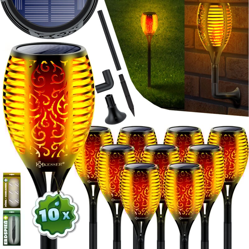 KESSER® Flambeau de jardin Set de lampes solaires Flamme avec support mural + piquet Capteur de lumière Résistant aux intempéries Lampe solaire