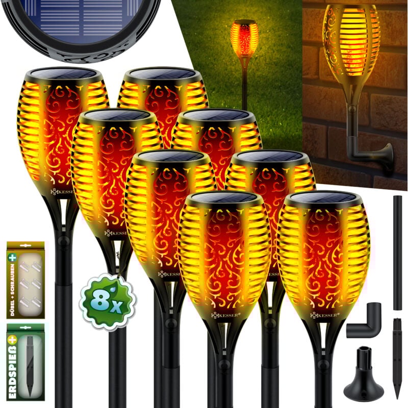 Kesser - Torche de jardin Kit solaire Lampes solaires Flamme avec support mural + piquet de terre Capteur de lumière Résistant aux intempéries Lampe