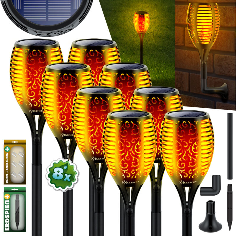 Torche de jardin Kit solaire Lampe solaire Flamme avec support mural + piquet Capteur de lumière Résistant aux intempéries Lampe solaire de jardin