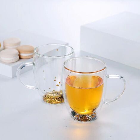 ZELLERFELD 2er Set Doppelwand Glas mit Henkel 350 ml Tee / Kaffeegläser Camli Bardak Trinkgläser, Teegläser, Cappuccino transparent