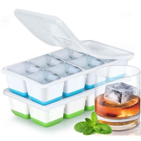2er Set Eiswürfelbehälter, Eiswürfelformen, Eiswürfelschalen mit Deckel, Silikon Eiswürfelschalen, für Whisky, Fruchtwein, Getränke, Sichere, wiederverwendbare stapelbare Eiswürfelform, leicht zu entn
