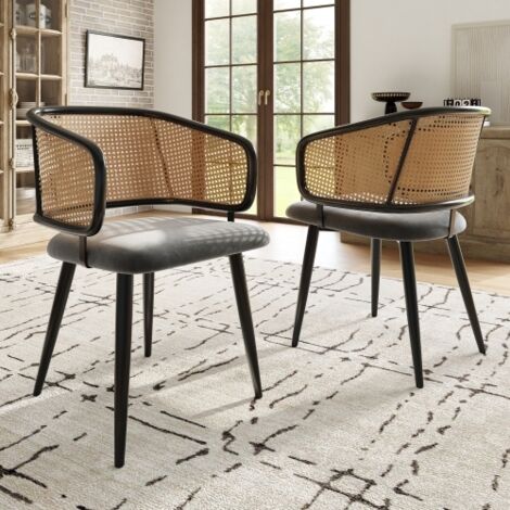 2er-Set Esszimmerstühle mit Rattan-Rückenlehne und Samtkissen