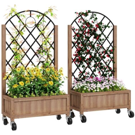 2er Set Hochbeet Pflanzkasten mit Rolle, Rankgitter, Spalier Pflanzkübel Blumenkasten Holz 52x25x97cm Braun