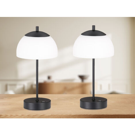 2er SET kabellose Tischlampen Schwarz / Opalglas mit Touchdimmer, Höhe 35cm