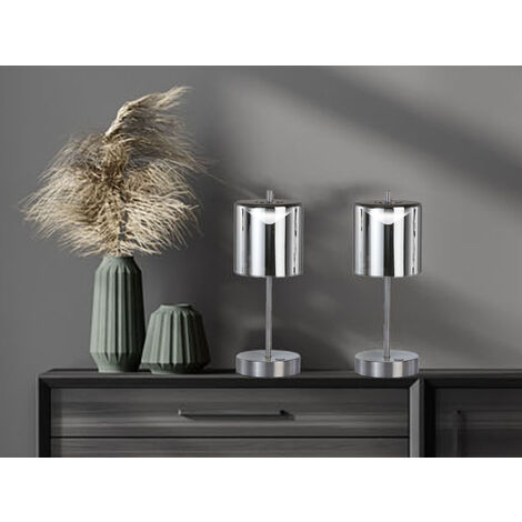 2er SET kabellose Tischlampen Silber / Rauchglas mit Touchdimmer, Höhe 34,5cm