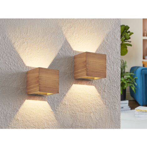 2er SET kleine Up and Down LED Innen Wandlampen aus Echtholz, Quadrat 11cm