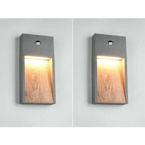 2er Set LED Außenwandleuchten Anthrazit & Holzoptik mit Bewegungsmelder, H 33cm