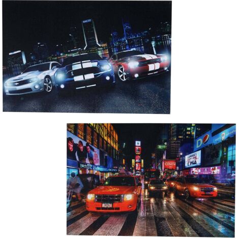 2er-Set LED-Bild Leinwandbild Leuchtbild Wandbild 40x60cm, Timer Cars