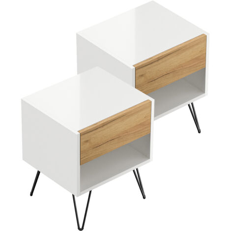 2er Set Nachttisch Kommode Dion 40cm SoftClose stehend Weiß und Eiche Front