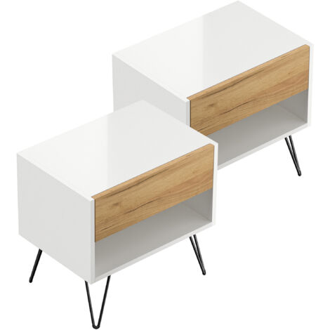 2er Set Nachttisch Kommode Dion 50cm SoftClose stehend Weiß und Eiche Front