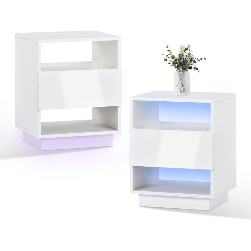 2er Set Nachttisch, Weiß LED Nachttische mit Eine Schublade Nachtschrank Beistelltisch für Wohnzimmer Schlafzimmer Badezimmer, UV-Triamin-Platte