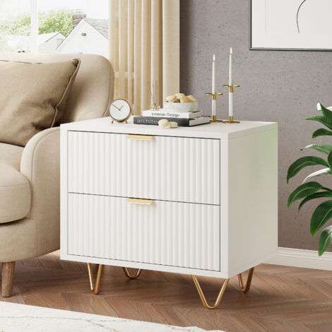 ROSAHQNDA 2er-Set Nachttisch, Weißer Nachttisch aus Holz, mit 2 Schubladen, Metallbeinen, Beistelltisch für Wohnzimmer, Sofatisch