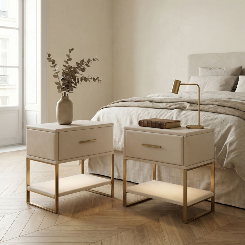 Lonelyo 2er Set Nachttische 40x31x50 Cm Mit Schublade Und Rgb-led, Beistelltisch Aus Stoff Und Metall, Modernes Luxuriöses Design, Beige